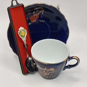 TENNESSEE SOUVENIRS Spoon Volunteer State & Cobalt Blue Teacup Saucer Nashville